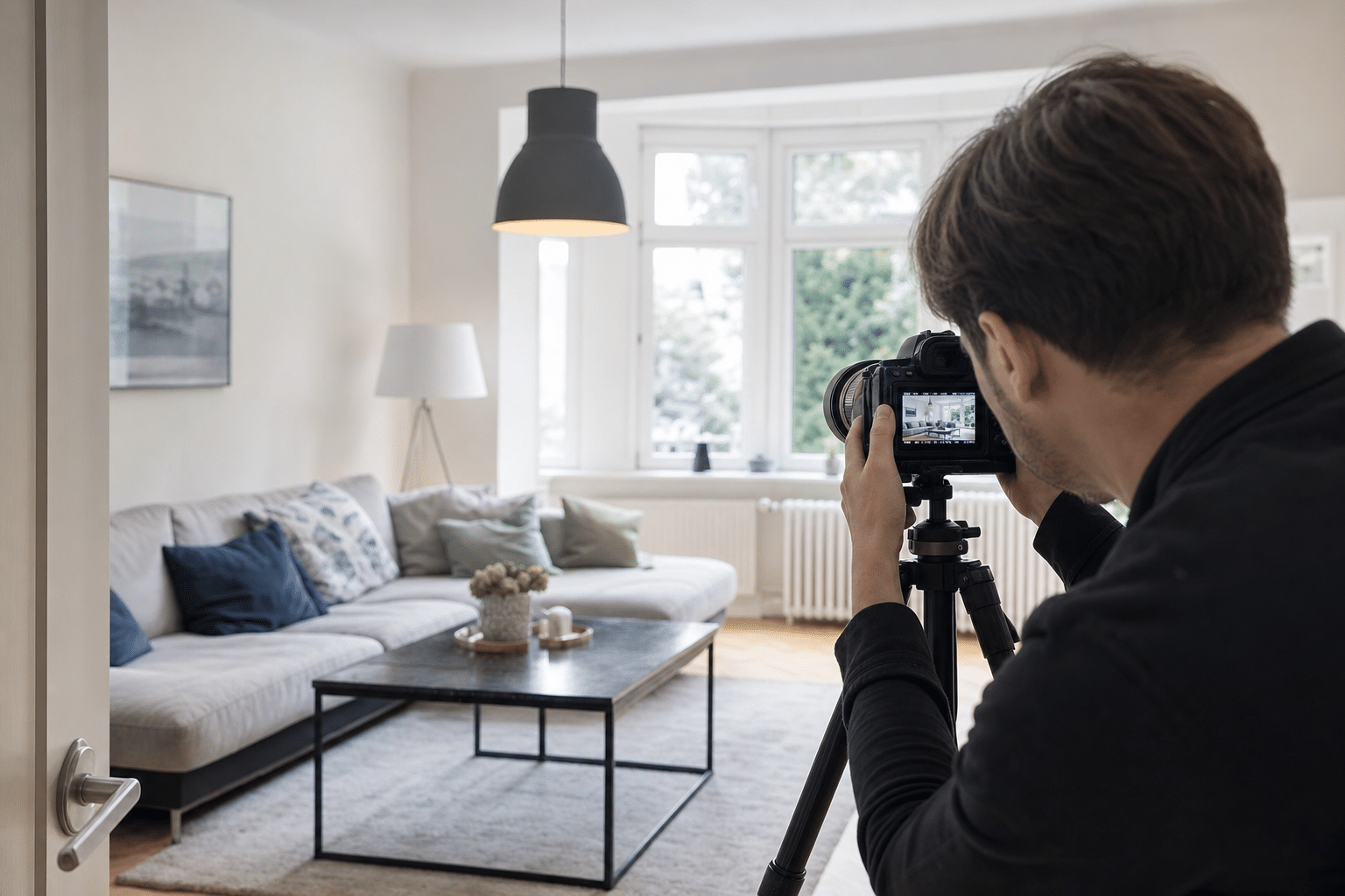 Fotografin nimmt ein hell eingerichtetes Wohnzimmer für ein Immobilienexposé auf