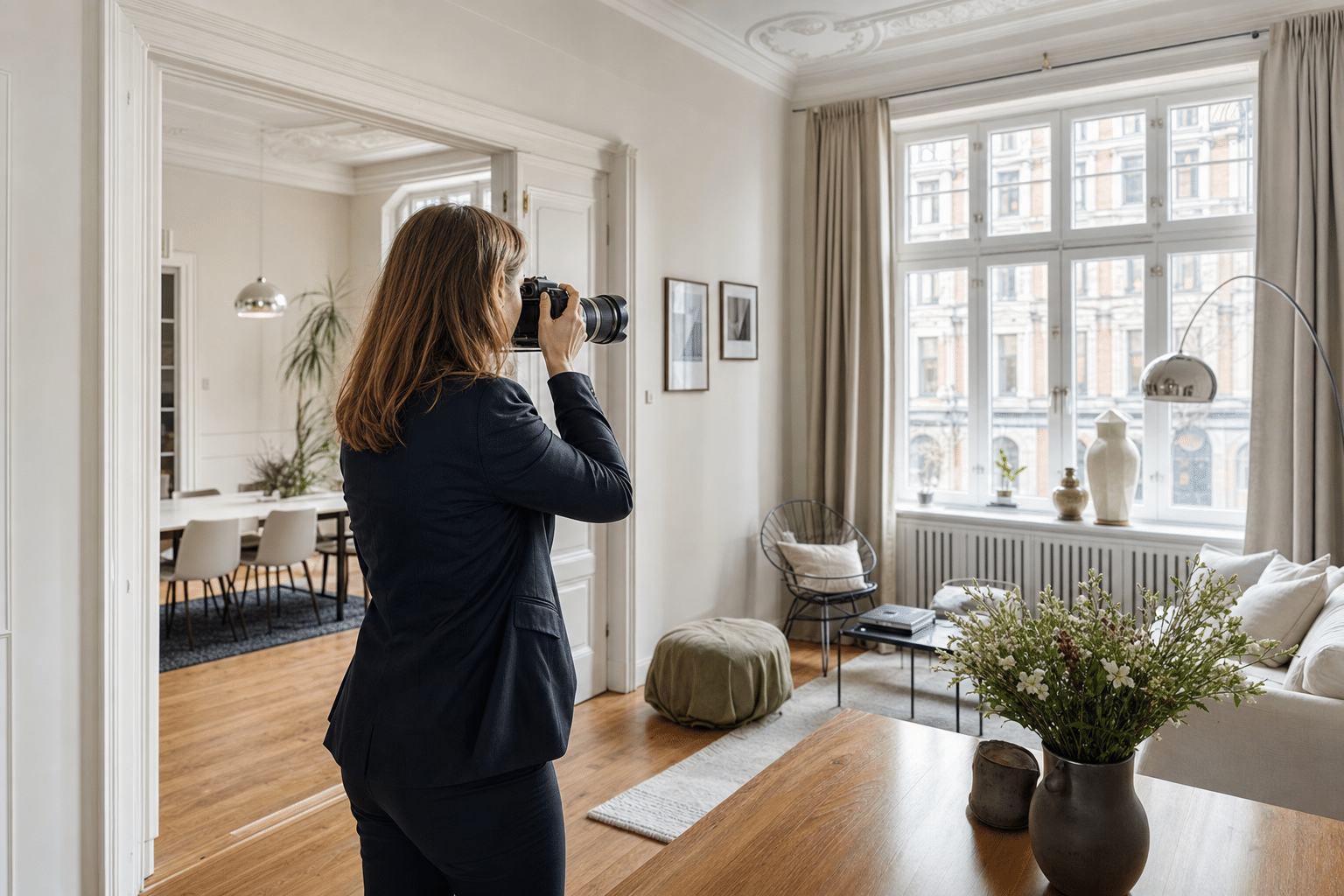 Maklerin fotografiert ein helles Wohnzimmer in einer Hamburger Altbauwohnung