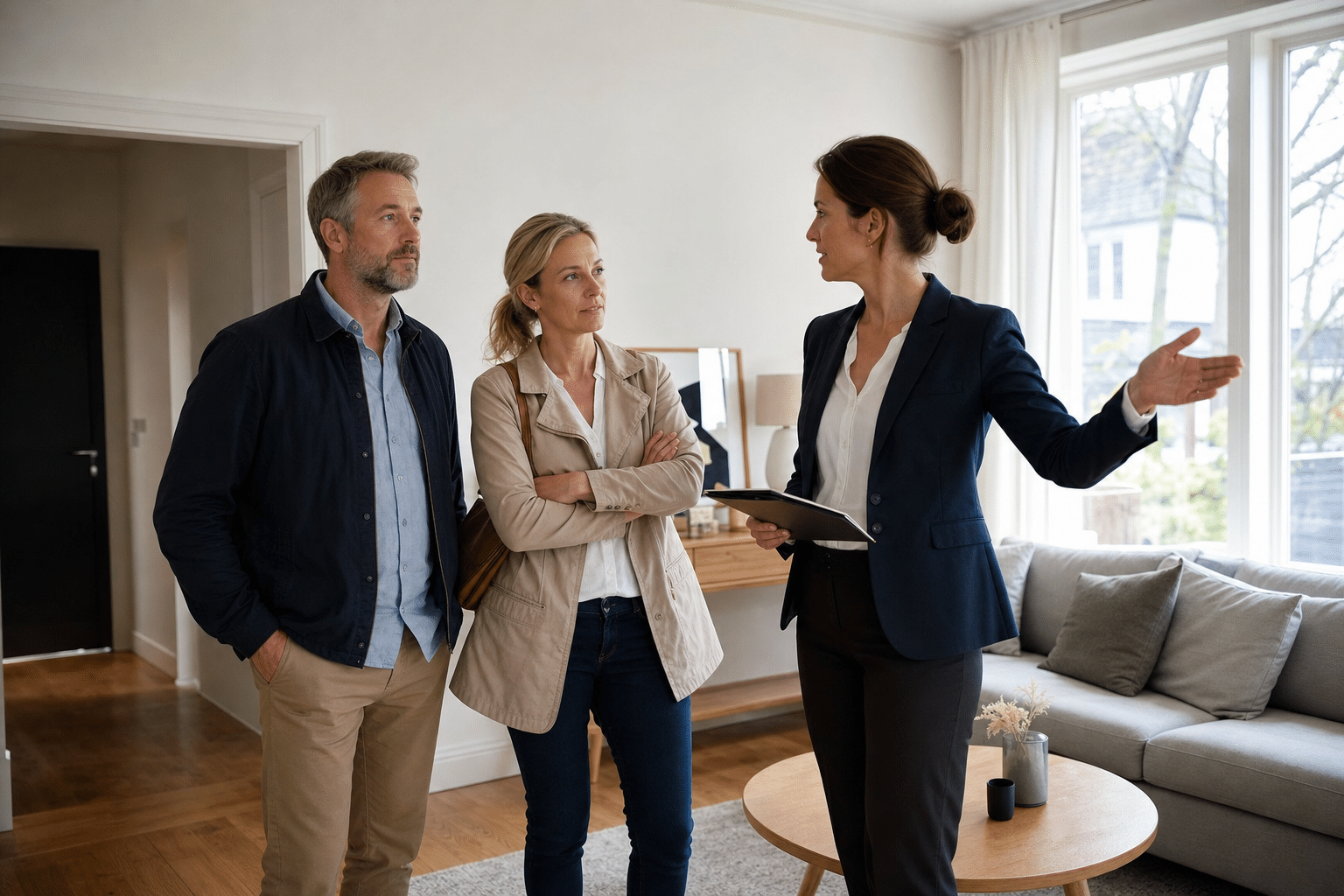 Immobilienmaklerin führt ein getrenntes Paar durch ein zum Verkauf vorbereitetes Wohnzimmer