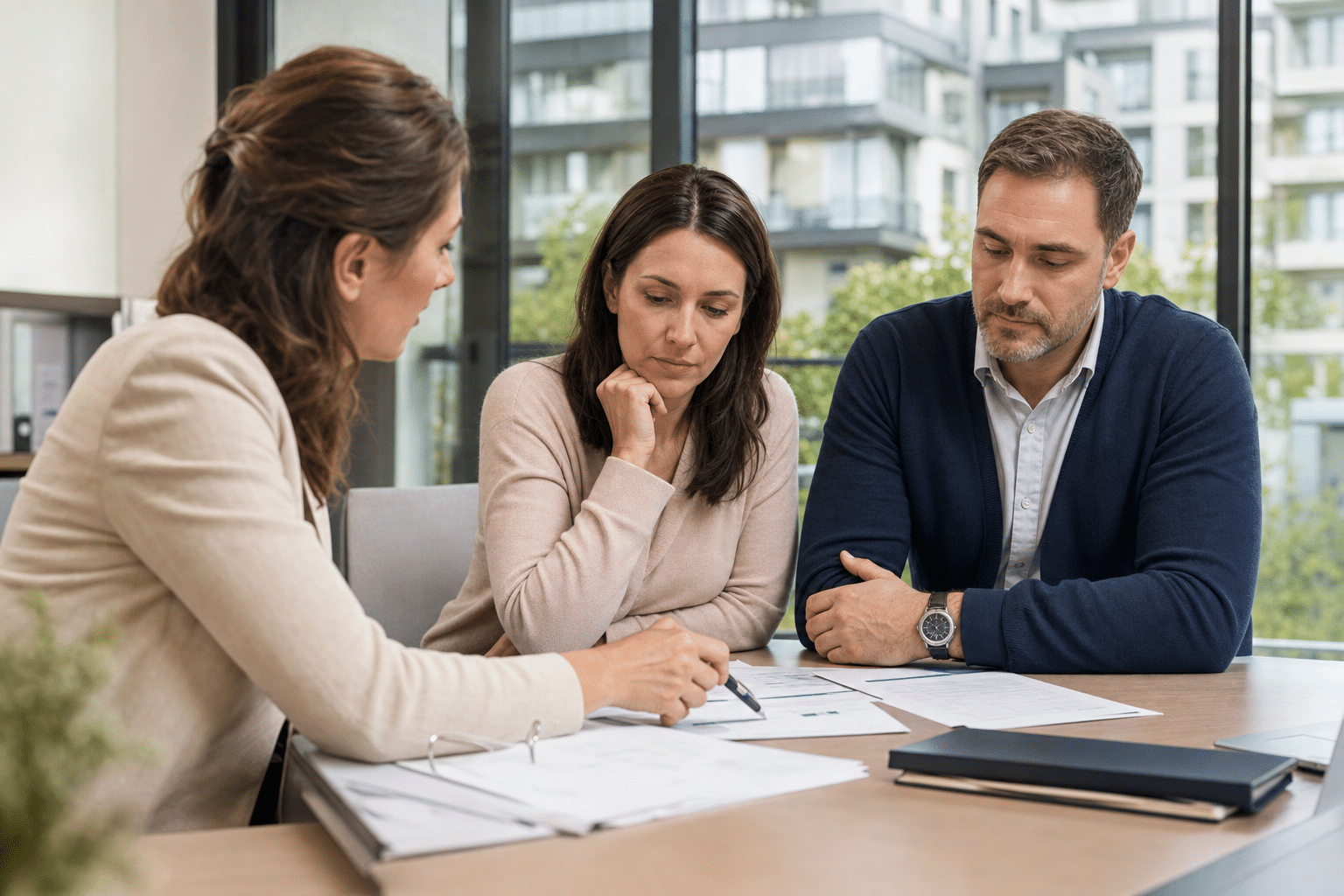 Getrenntes Paar bespricht mit einer Bankberaterin Finanzierungsunterlagen an einem Schreibtisch