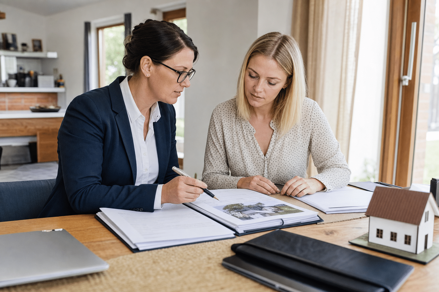 Käuferin und Verkäufer prüfen gemeinsam Dokumente an einem Tisch im Wohnhaus