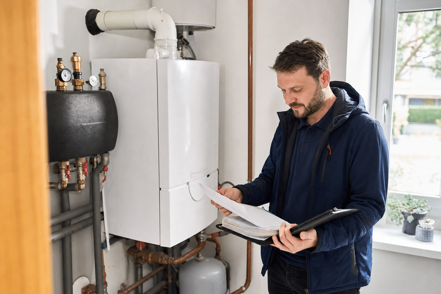 Energieberater prüft Heizungsanlage und Gebäudeunterlagen in einem Einfamilienhaus
