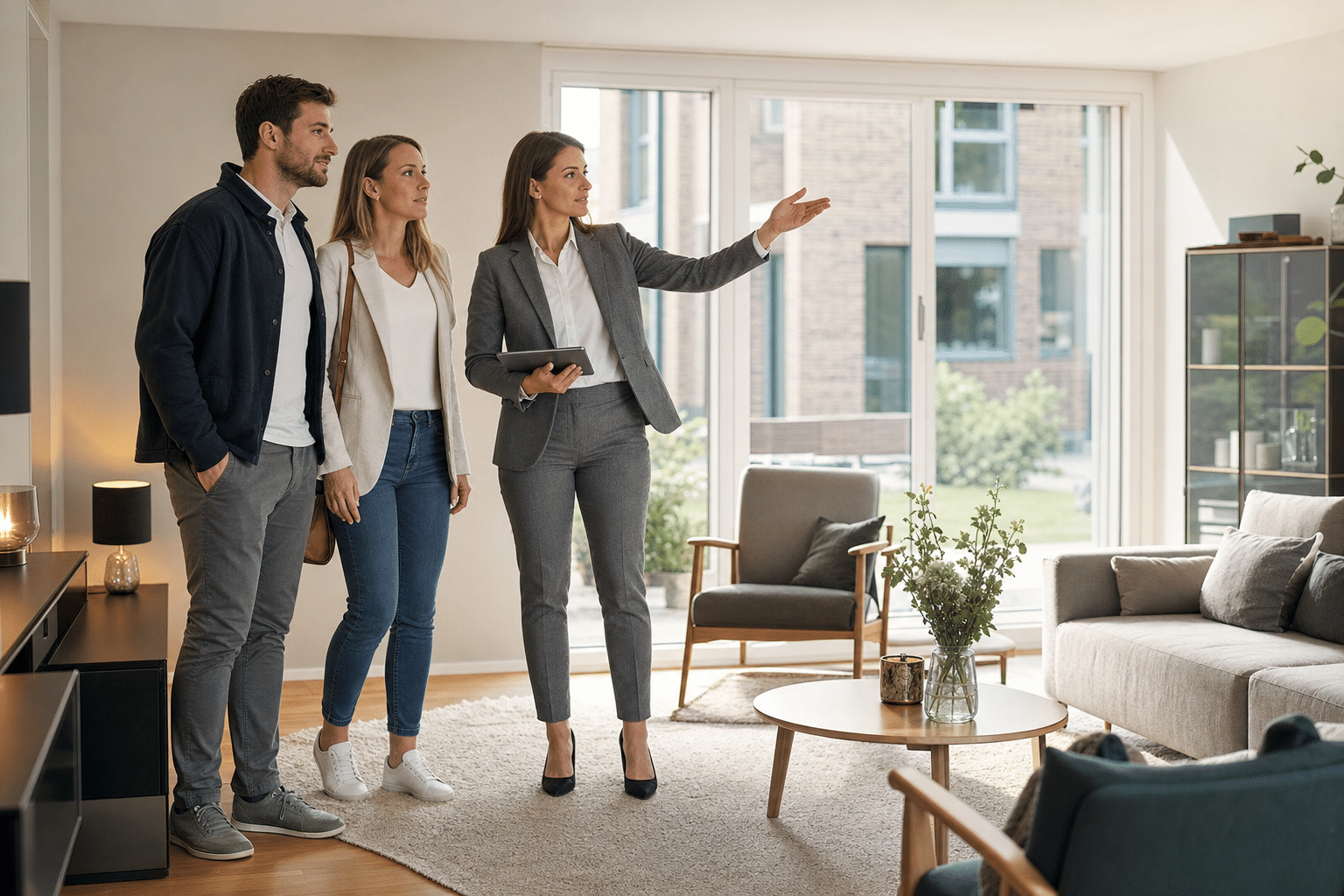 Immobilienmaklerin führt ein Paar durch das helle Wohnzimmer eines zum Verkauf stehenden Hauses