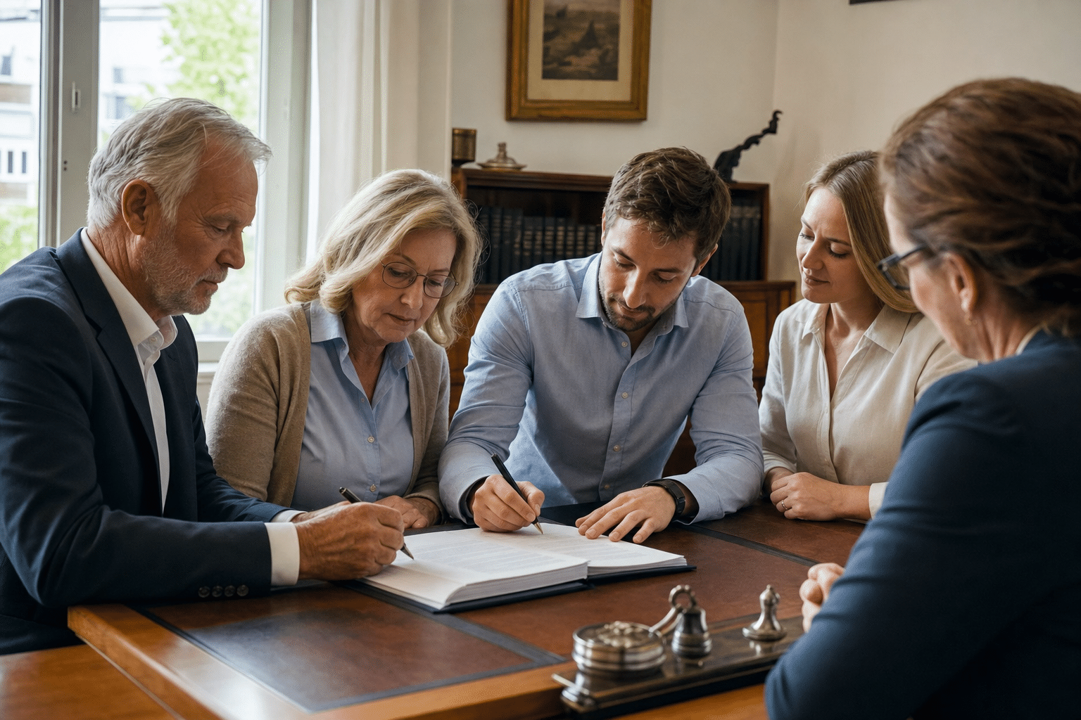 Erbengemeinschaft und Käufer unterzeichnen den Immobilienkaufvertrag beim Notar