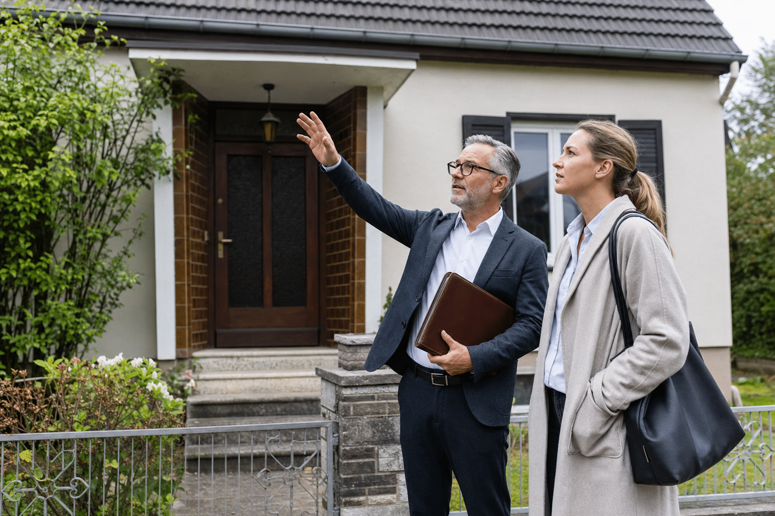 Immobiliengutachter besichtigt mit einer Erbin ein geerbtes Einfamilienhaus