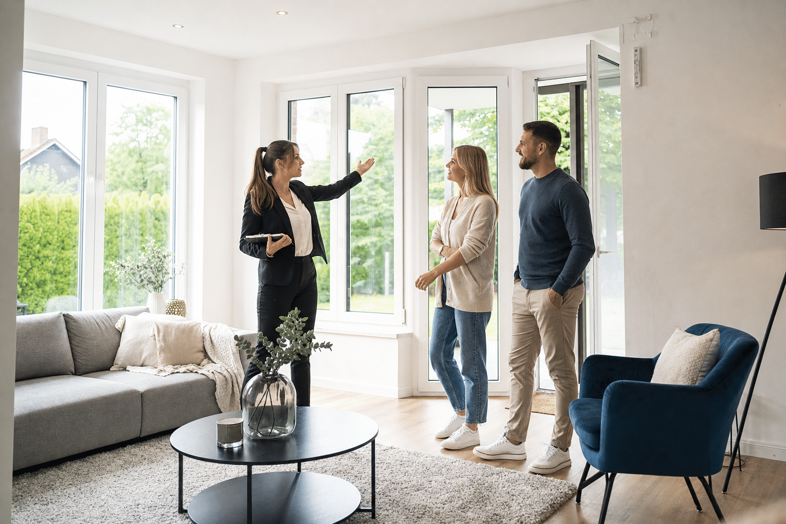 Kaufinteressierte besichtigen mit einem Makler das helle Wohnzimmer eines Hauses in Uelzen