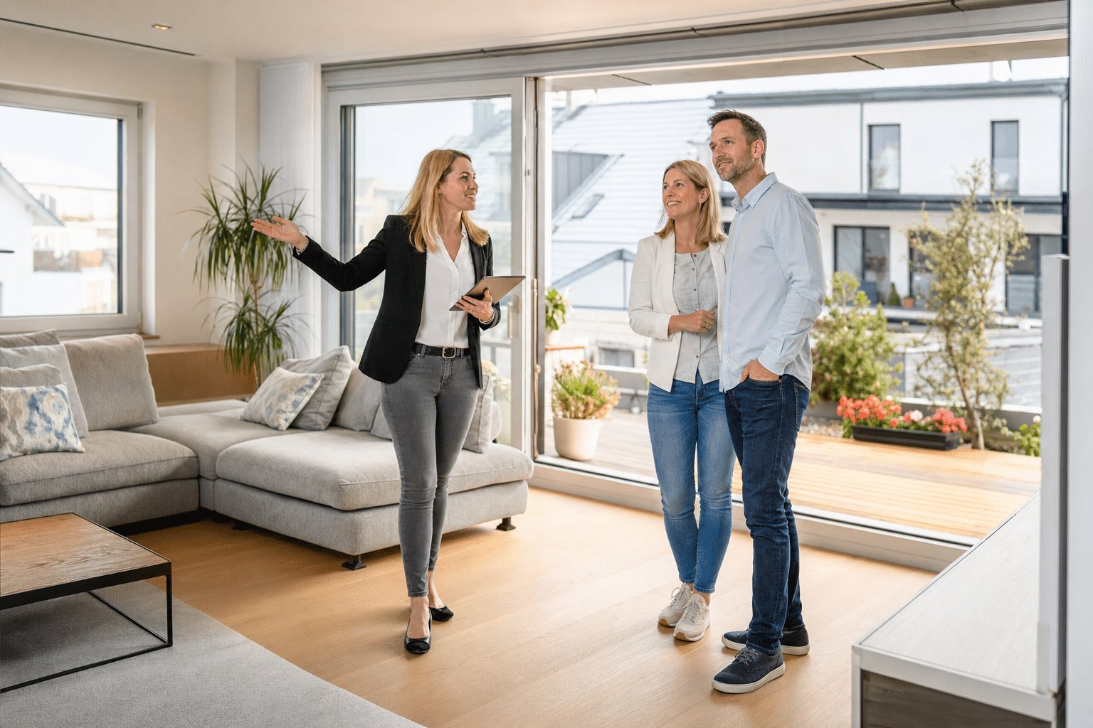 Maklerin zeigt einem Paar das helle Wohnzimmer eines zum Verkauf stehenden Hauses