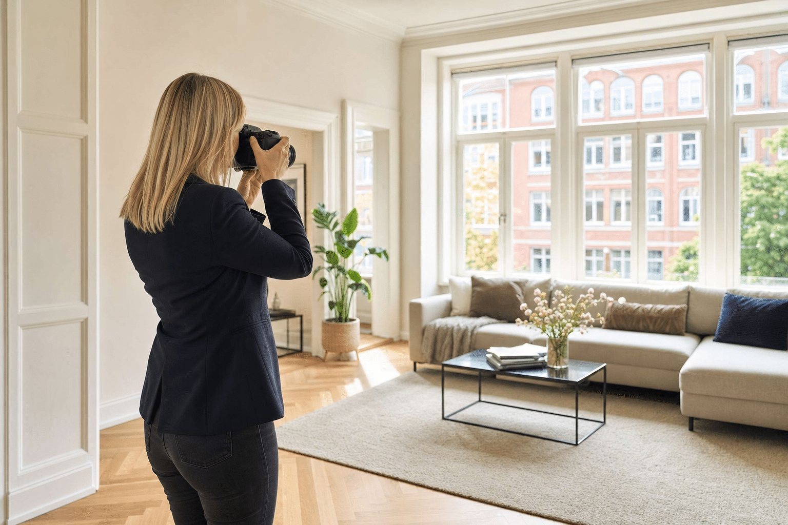 Maklerin fotografiert ein helles Wohnzimmer in einer Hamburger Altbauwohnung
