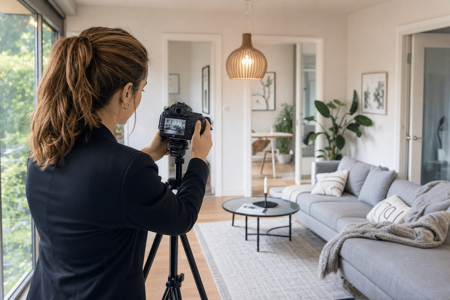 Maklerin fotografiert ein helles Wohnzimmer für ein Immobilienexposé