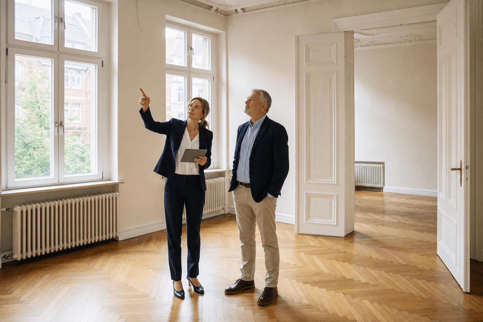 Makler und Eigentümer besichtigen gemeinsam eine Altbauwohnung in Hamburg