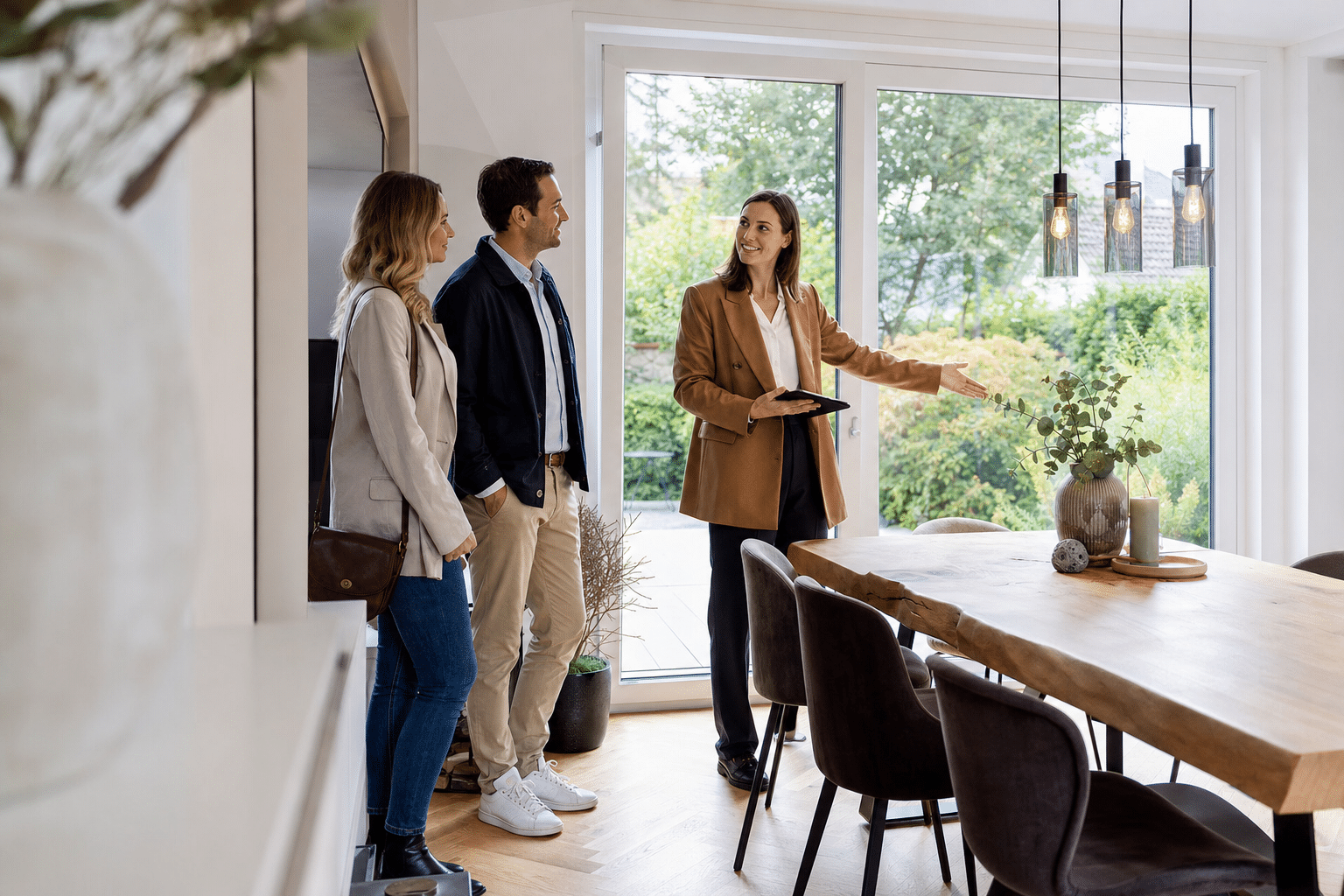 Eigentümer zeigt einem Kaufinteressenten das helle Esszimmer eines Einfamilienhauses