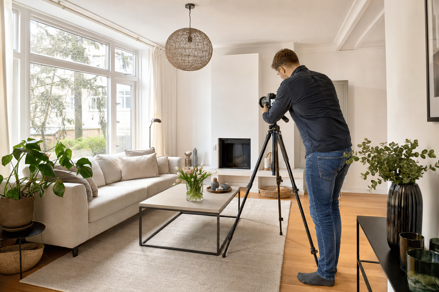 Aufgeräumtes Wohnzimmer mit großen Fenstern während eines Immobilienfotoshootings