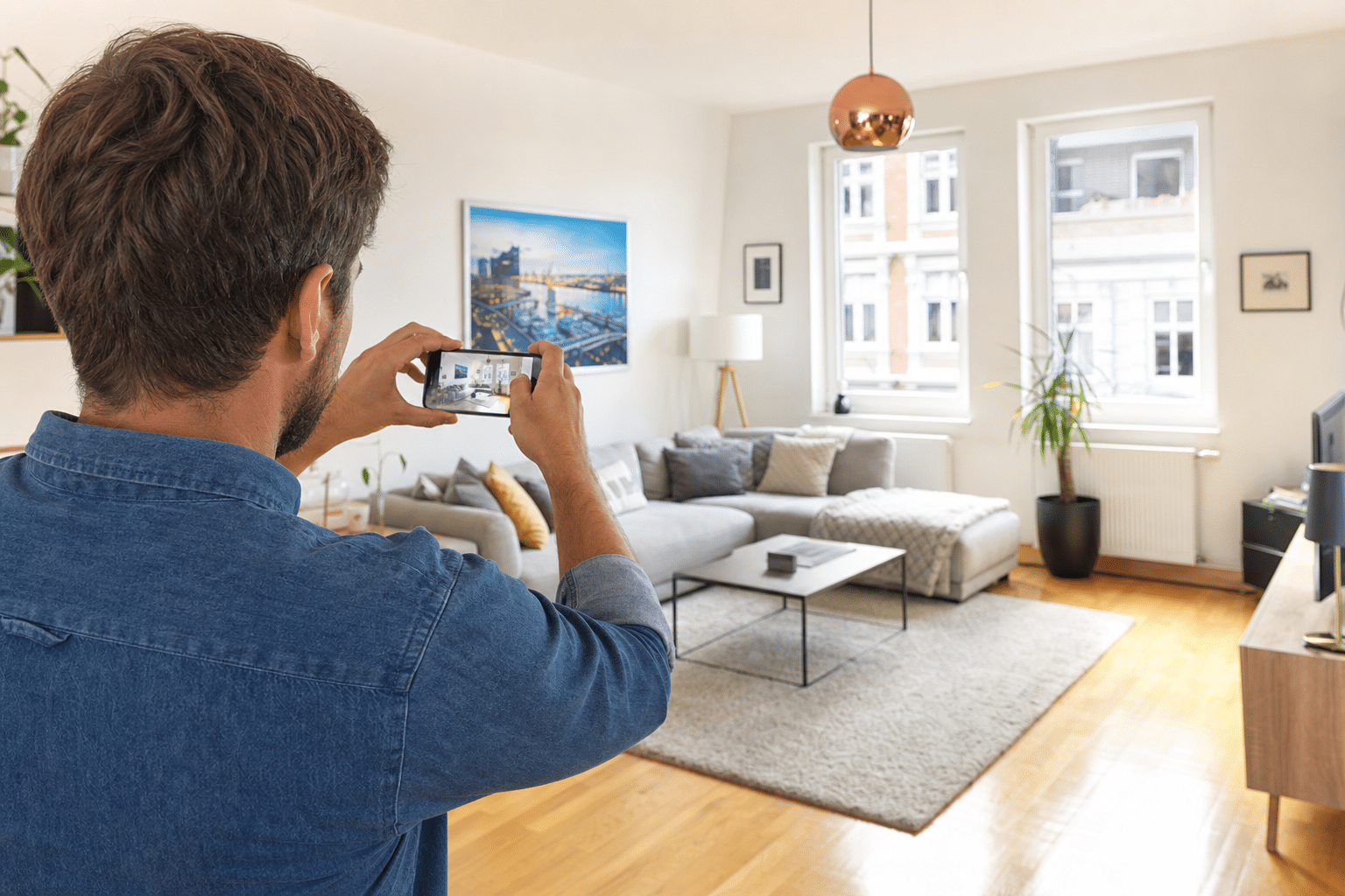 Eigentümer fotografiert ein helles Wohnzimmer mit moderner Einrichtung in Hamburg