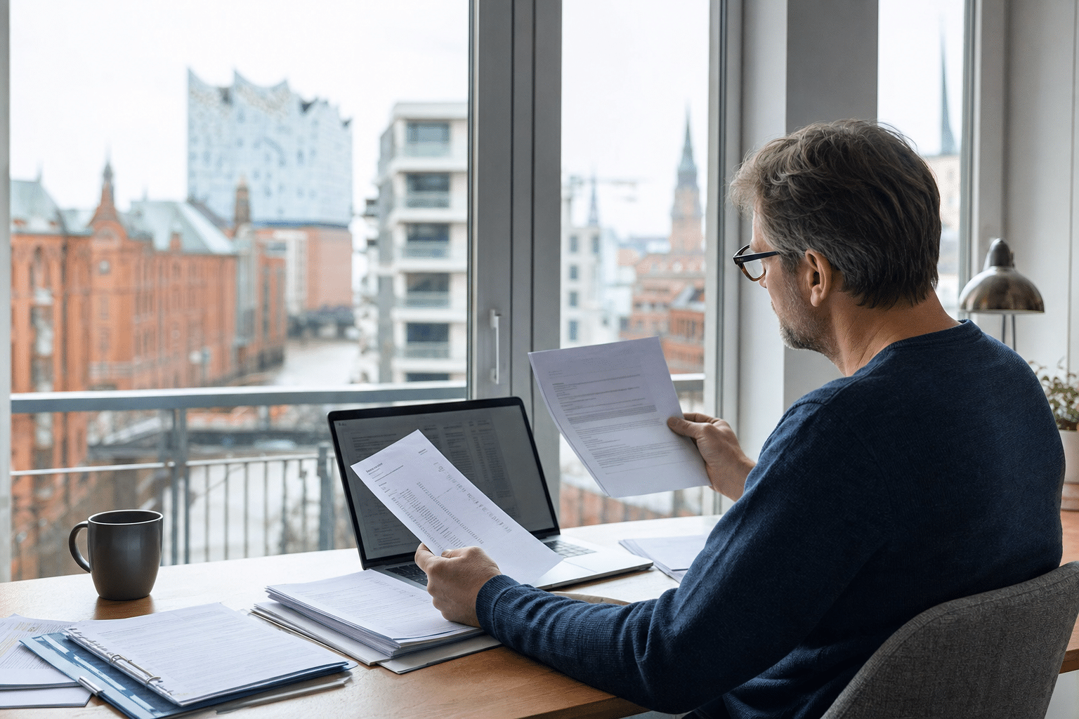Eigentümer prüft Unterlagen und Steuerdokumente am Schreibtisch mit Blick auf eine vermietete Wohnung in Hamburg