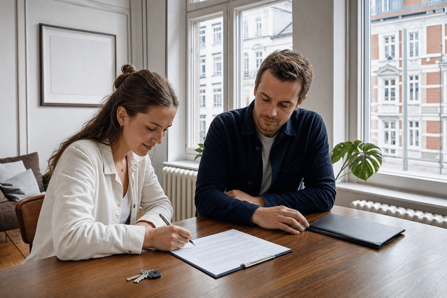 Vermieter und Mieter sitzen am Tisch und unterschreiben gemeinsam einen Mietvertrag in einer Hamburger Altbauwohnung
