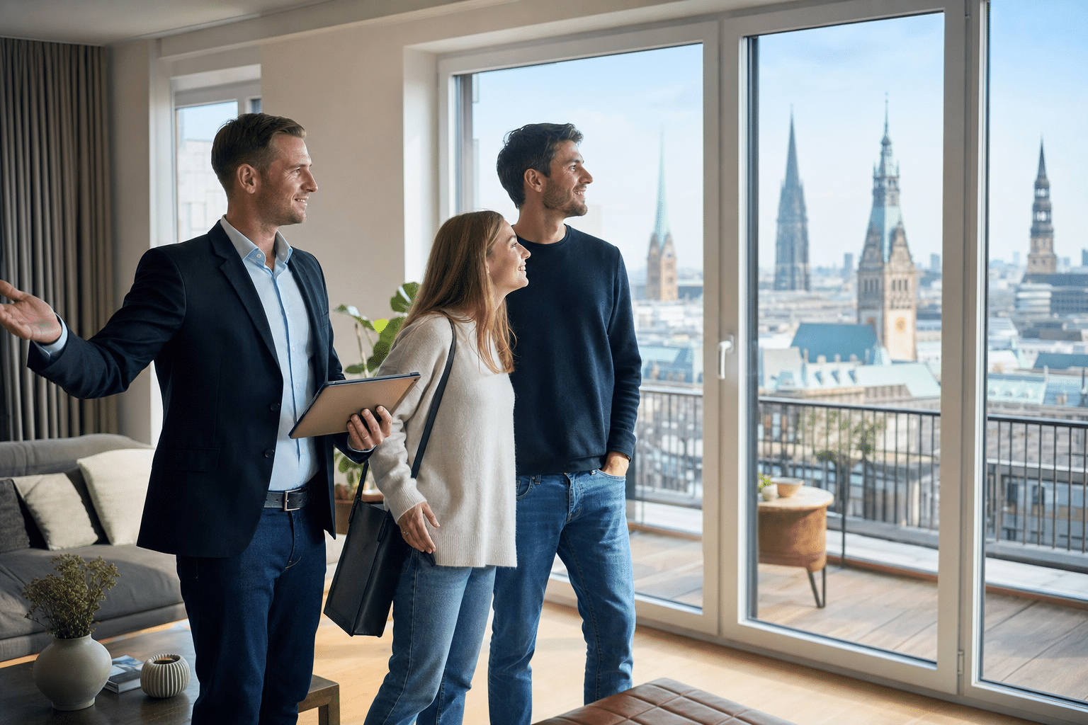 Immobilienmakler zeigt einem Paar ein helles Wohnzimmer mit Blick auf die Hamburger Skyline