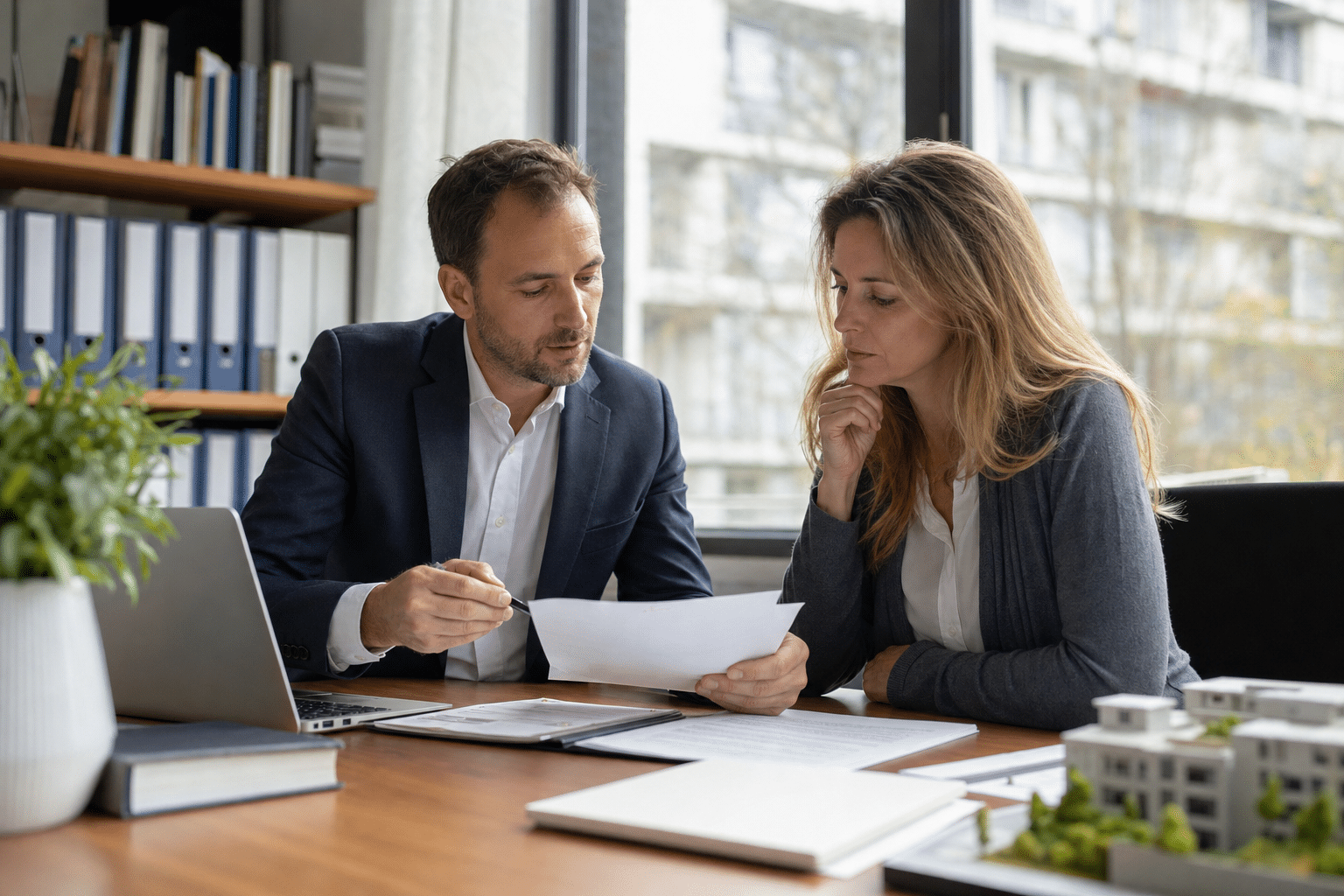 Steuerberater und Hauseigentümer besprechen Verkaufsunterlagen in einem Büro