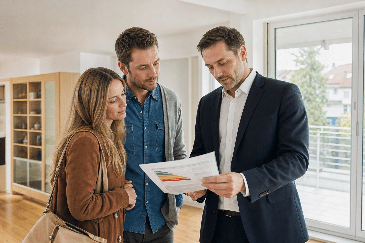 Kaufinteressenten besprechen den Energieausweis bei der Besichtigung eines Wohnhauses