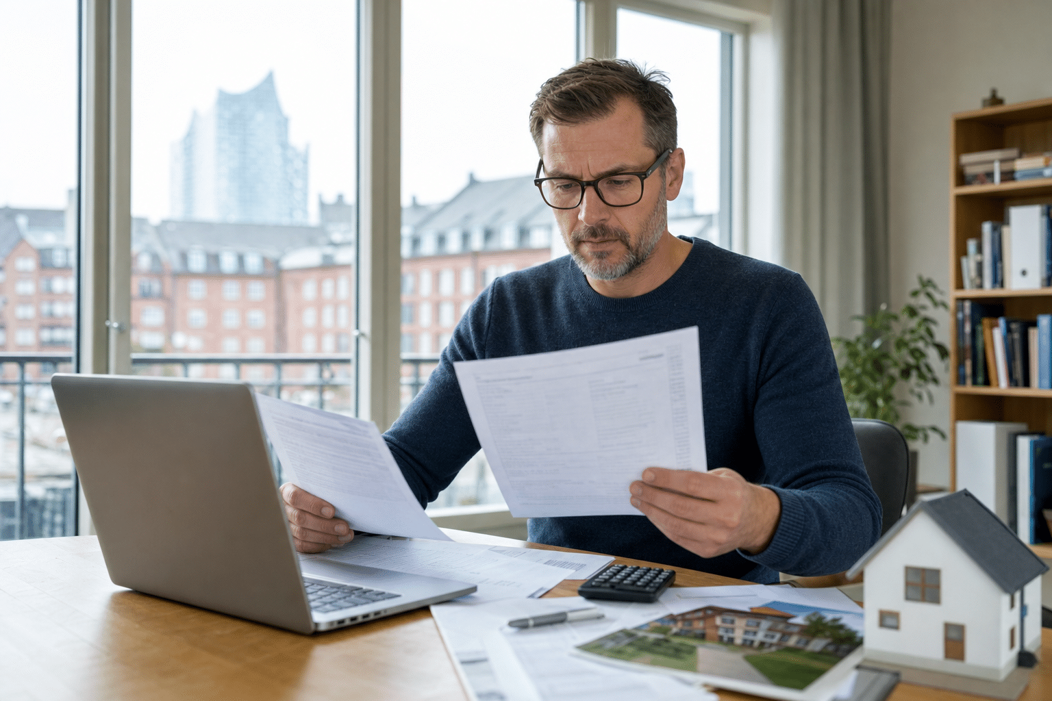 Eigentümer prüft Steuerunterlagen am Tisch mit Laptop und Immobilienunterlagen