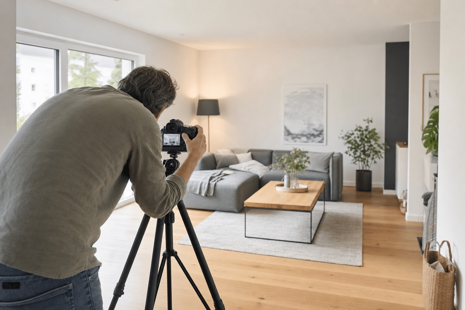Fotografin nimmt ein helles, aufgeräumtes Wohnzimmer mit Stativkamera auf