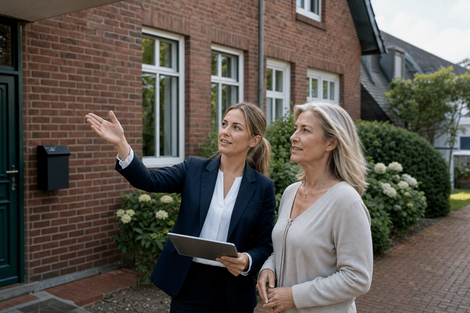 Immobilienmaklerin besichtigt mit einem Eigentümer ein Wohnhaus in Lüneburg