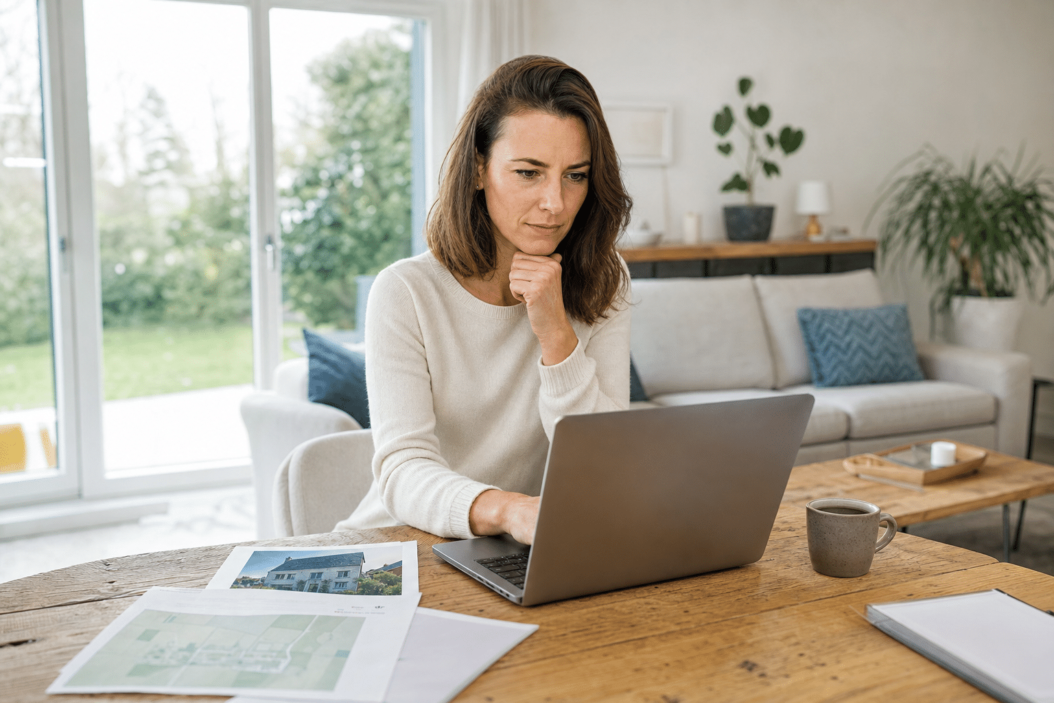 Eigentümerin prüft Objektdaten am Laptop in einem hellen Wohnzimmer