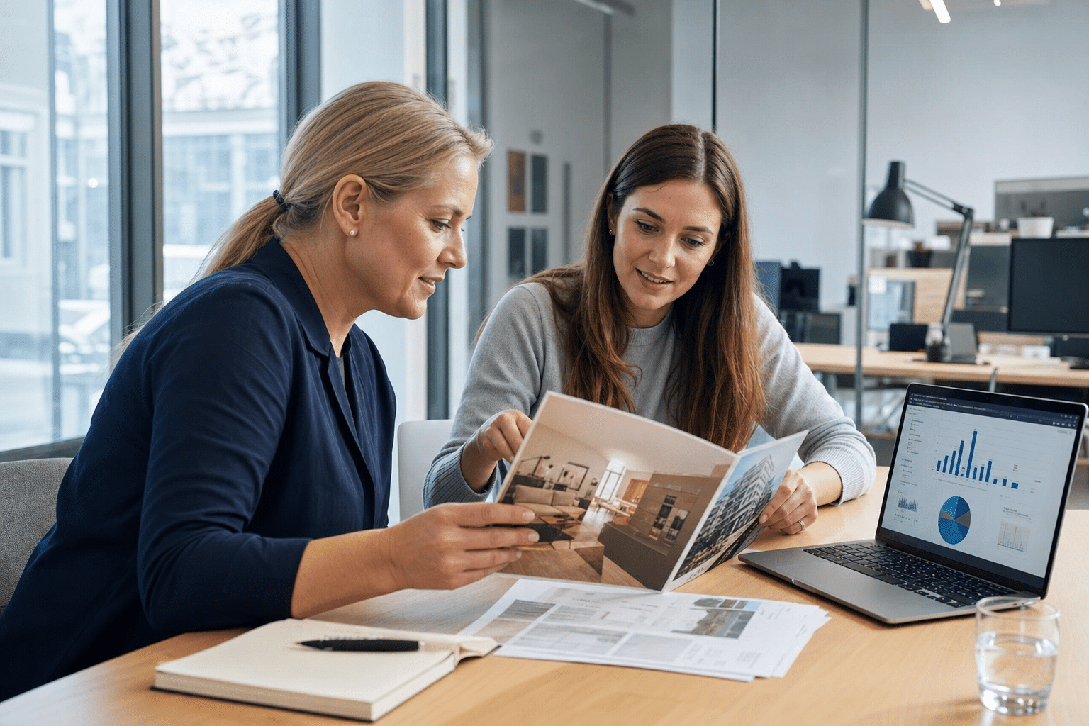 Verkäuferin und Immobilienmakler prüfen gemeinsam ein Exposé in einer Hamburger Wohnung